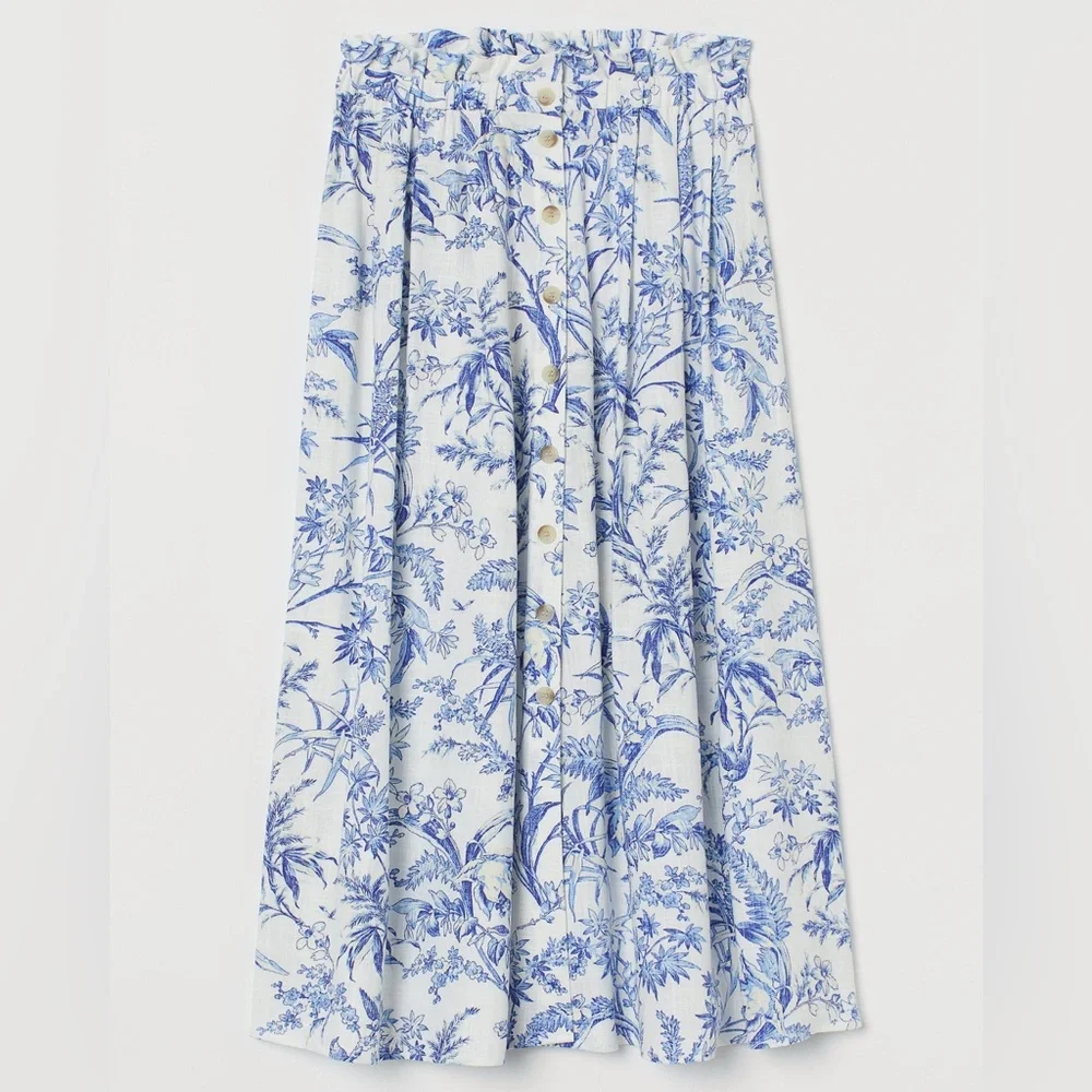 H&M Blue Toile Button-Front Midi Skirt - Picture 1 of 7